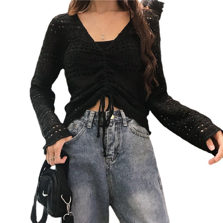 Knit sweater for women with a decorative hole pattern and an adjustable drawstring Lune London