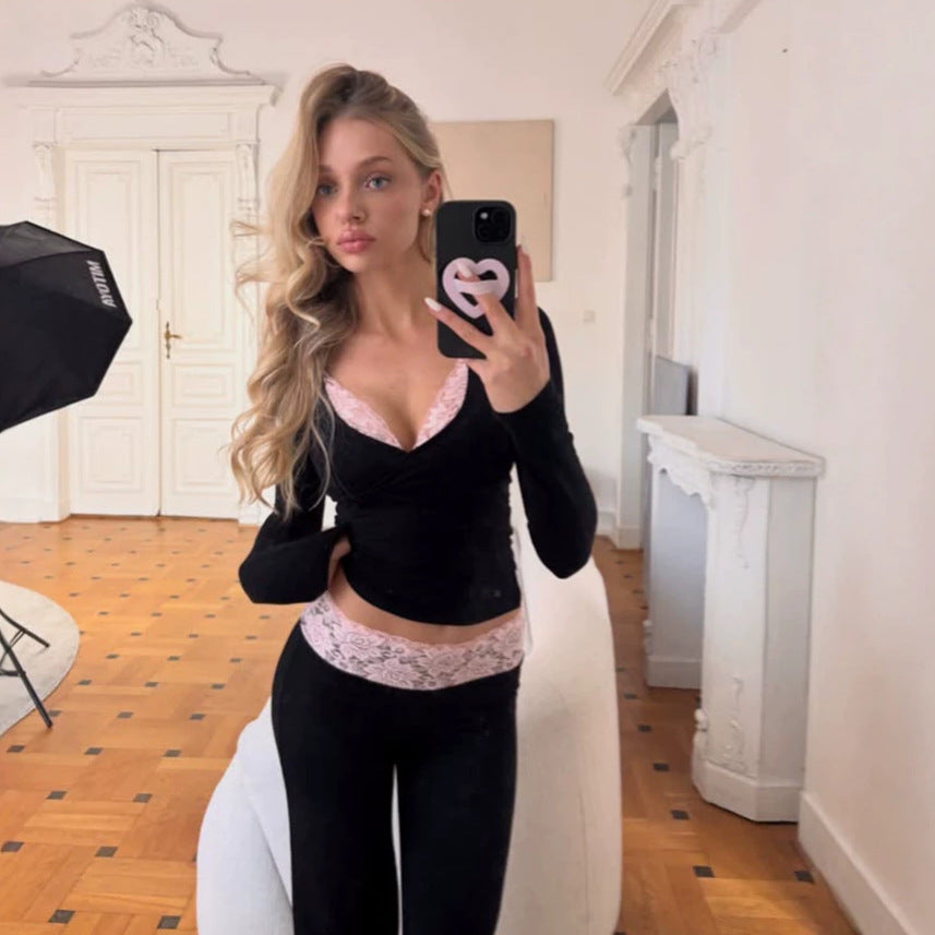Women Figure-Hugging Lounge Set with Lace Detail, High-Waist Leggings & Crop Top Amarae
