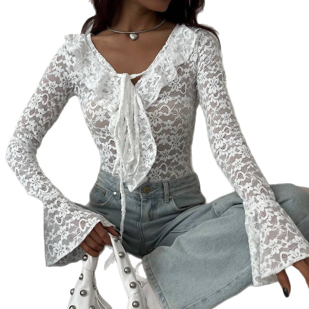 Lace body for women with playful ruffle detail and V-neck Lune London