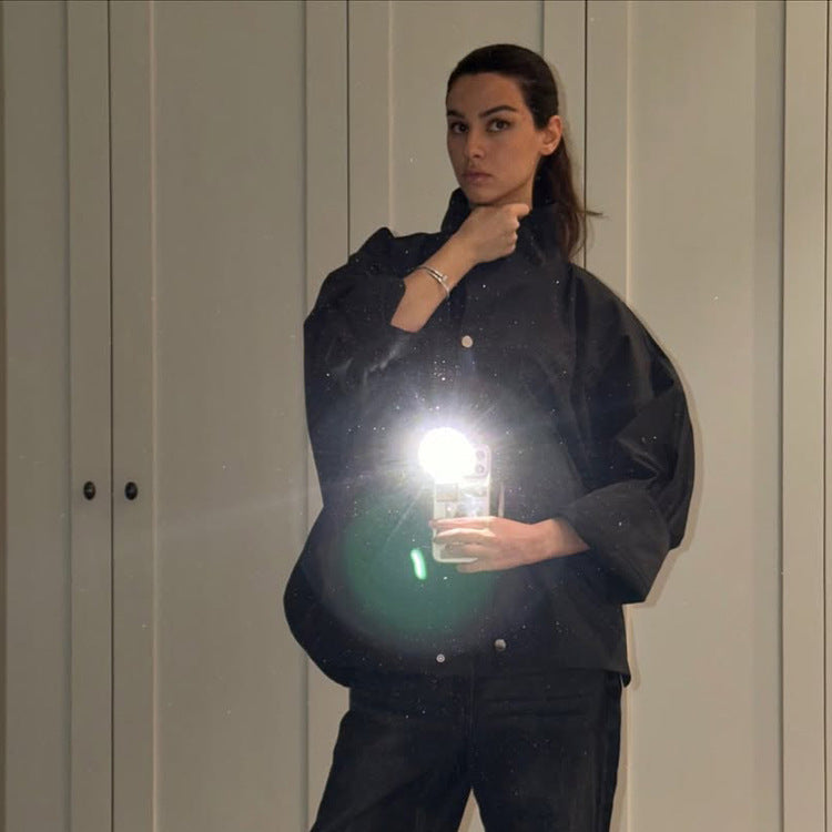 Women's oversized shirt jacket with stand collar, boxy silhouette and snap button placket Amarae
