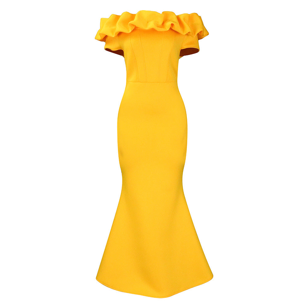 Fitted evening dress for women with voluminous ruffle collar Lune London