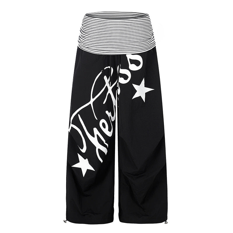 Women's Wide Palazzo Pants with High Striped Comfort Waistband and Statement Print Amarae