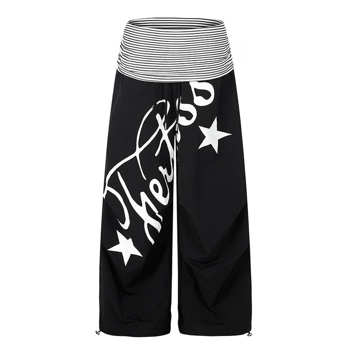Women's Wide Palazzo Pants with High Striped Comfort Waistband and Statement Print Amarae
