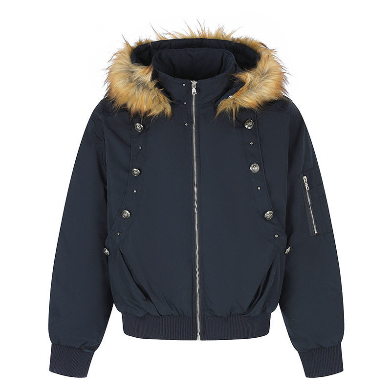 Women's short-cut bomber jacket with faux fur hood and eyelet application Amarae