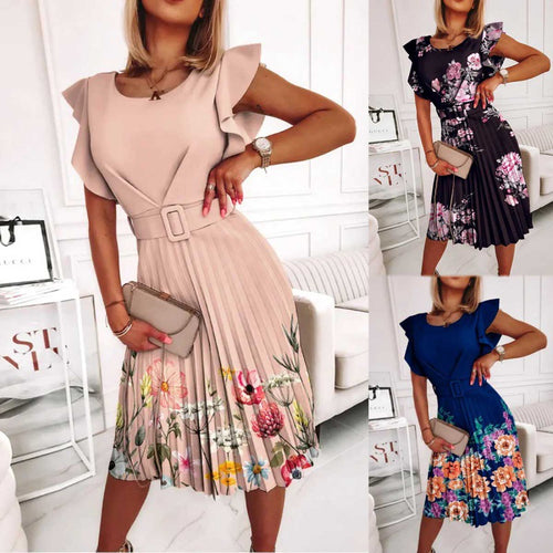 Midi dress for women with pleats and floral accents as well as a fitted belt Amarae