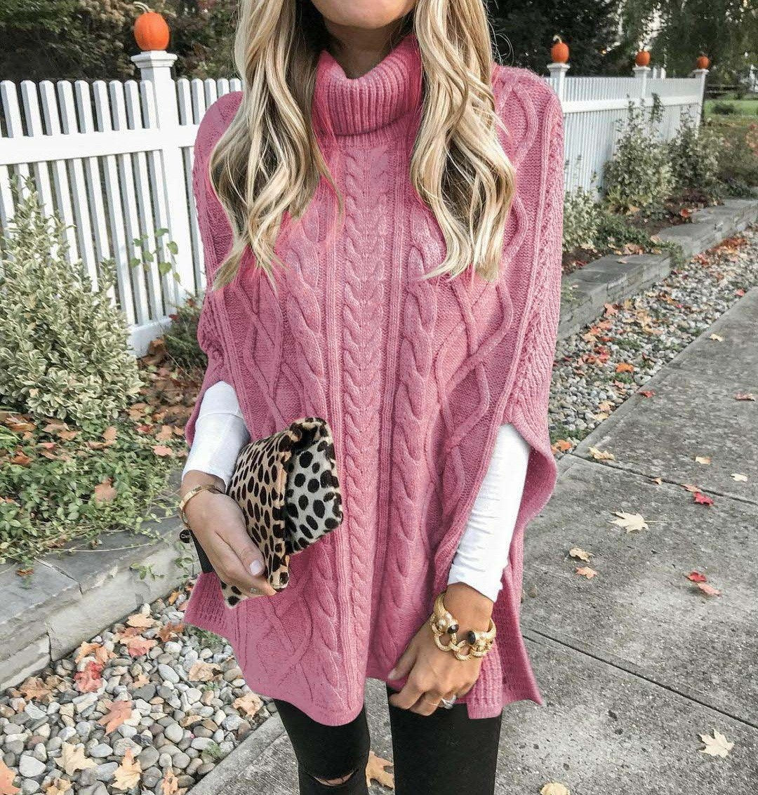 Poncho sweater for women with high neck and classic cable pattern Lune London