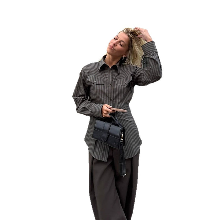 Women's Tailored Striped Shirt Blouse with Breast Pockets and Extended Hem Amarae
