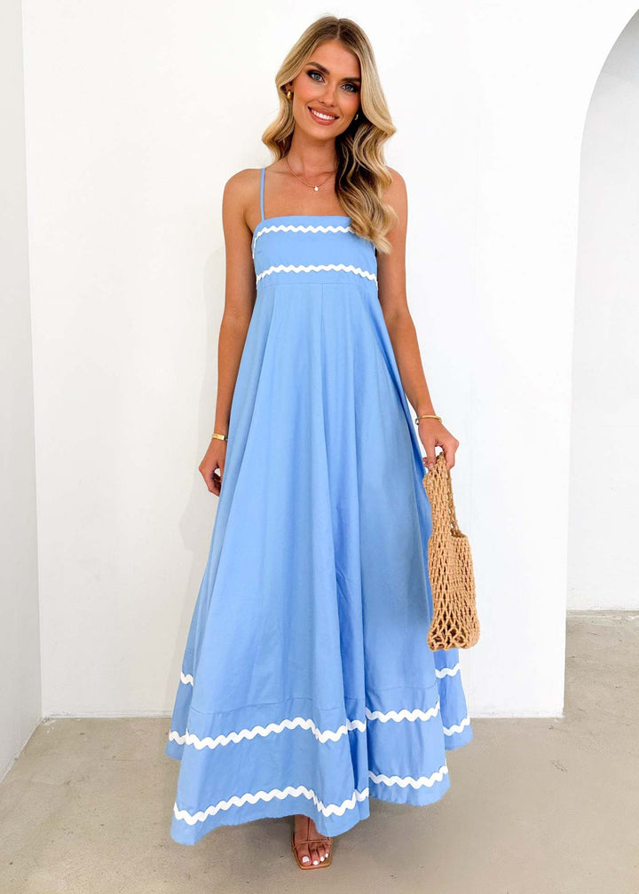 Women's airy long dress with delicate ruffle details and adjustable spaghetti straps Lune London
