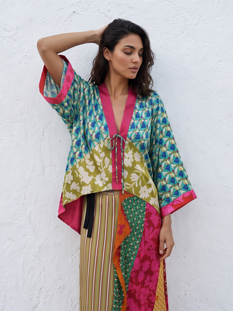 Women's Patchwork Kimono Top made of silk blend with deep V-neck and tie belt Amarae