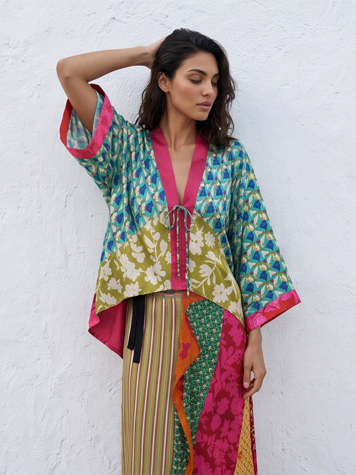 Women's Patchwork Kimono Top made of silk blend with deep V-neck and tie belt Amarae
