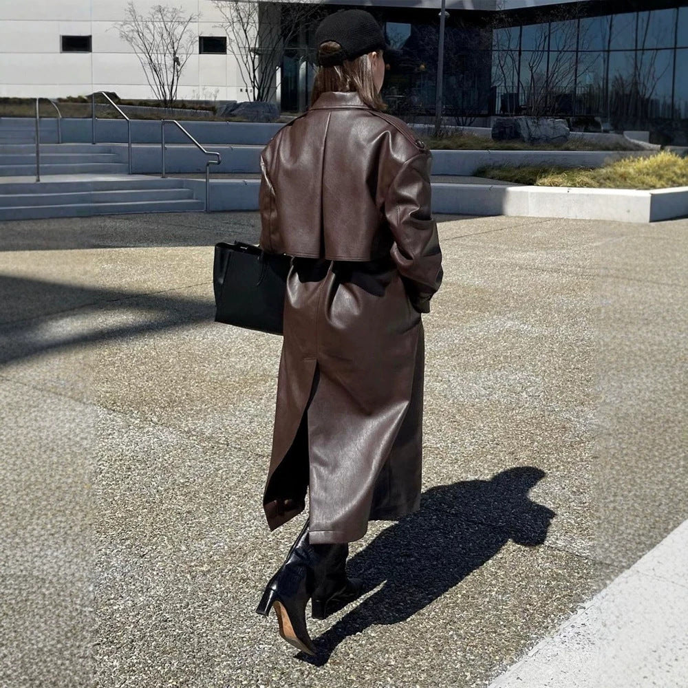 Ladies Maxilength Oversize Faux Leather Trench Coat with Wide Lapels and Waist Belt Amarae