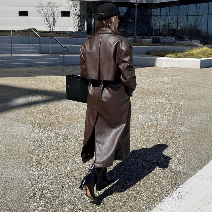 Ladies Maxilength Oversize Faux Leather Trench Coat with Wide Lapels and Waist Belt Amarae