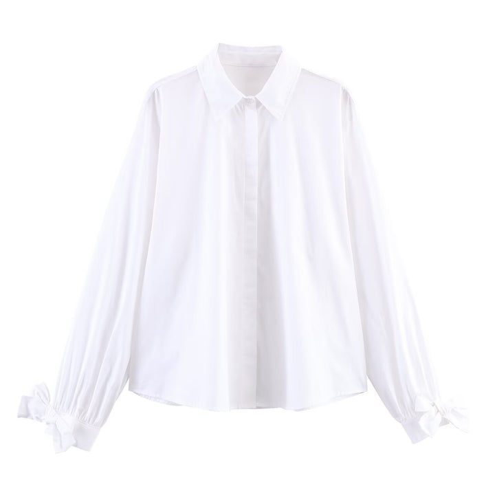 Women's oversized shirt blouse with classic collar, balloon sleeves, and bow cuffs Amarae