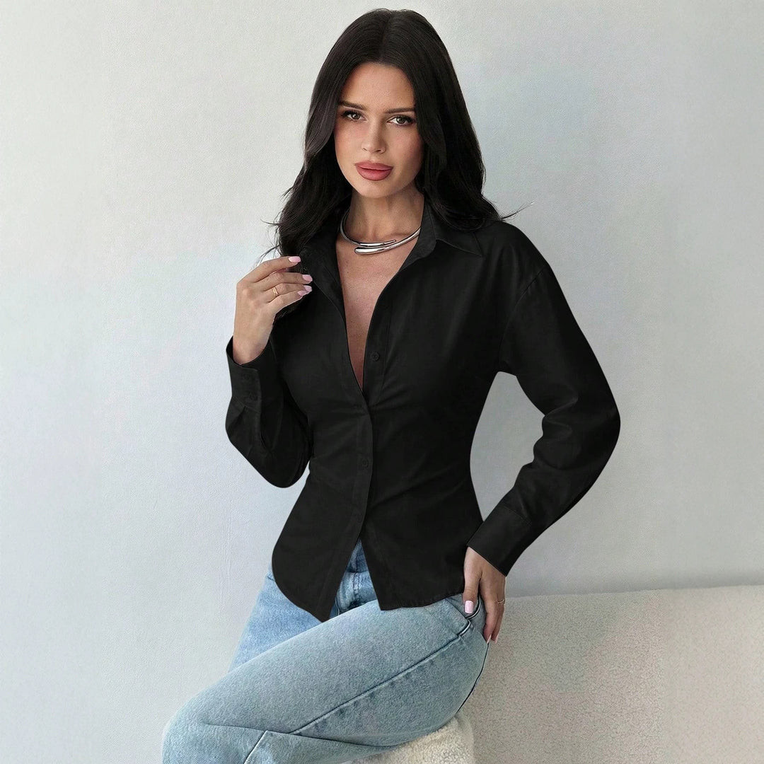 Women's Tailored Striped Shirt Blouse with Lapel Collar and Shaping Waist Amarae