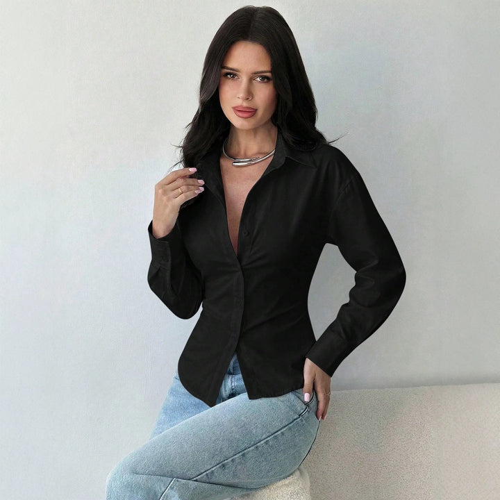 Women's Tailored Striped Shirt Blouse with Lapel Collar and Shaping Waist Amarae