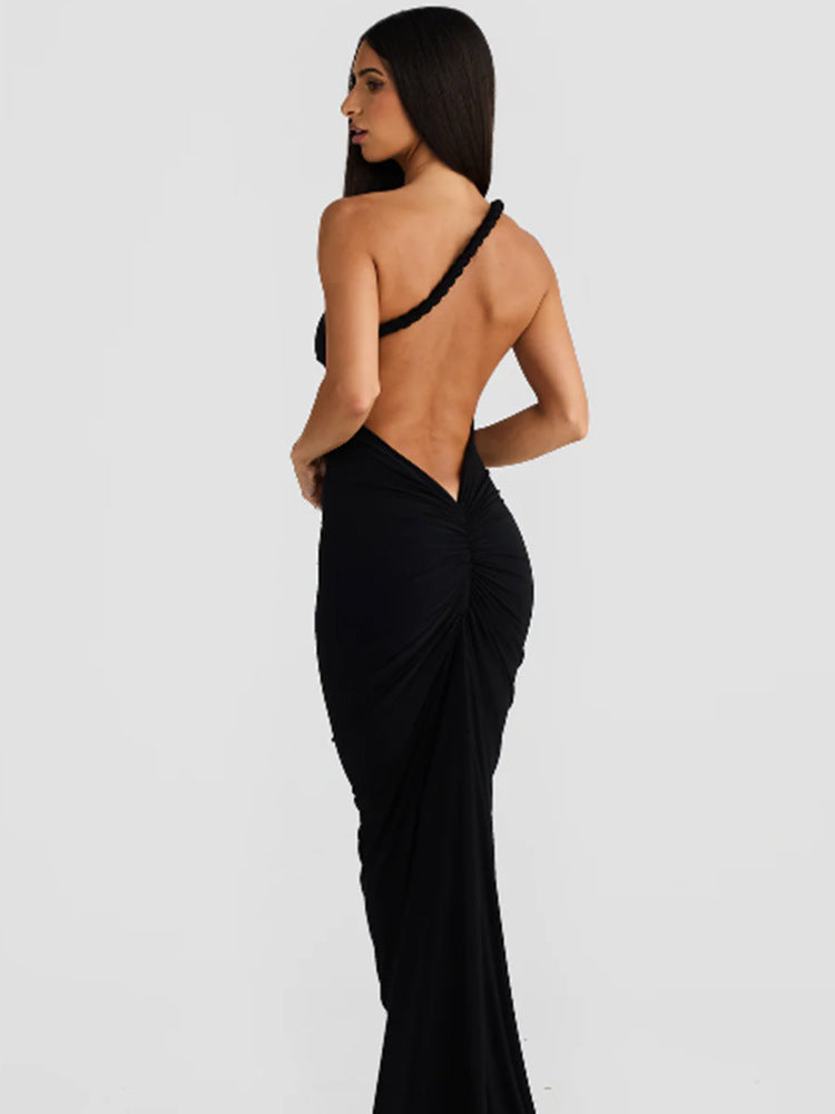 Women figure-hugging evening dress with elegant halter design and swinging hem Lune London