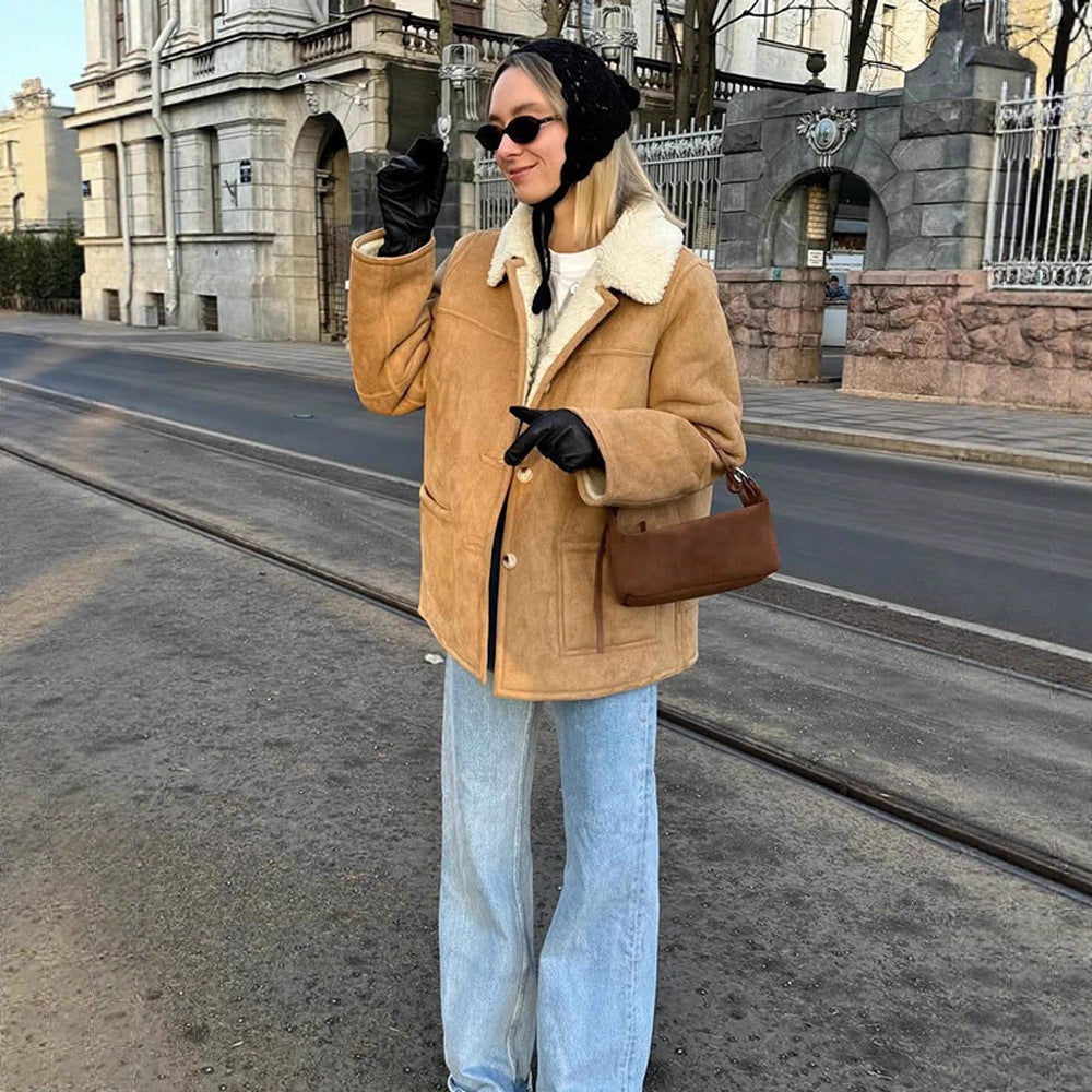 Women's Boxy Lambskin Look Coat with Folded Teddy Collar Amarae