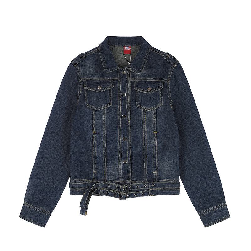 Ladies short denim jacket with waist belt, snap front and patch breast pockets Amarae