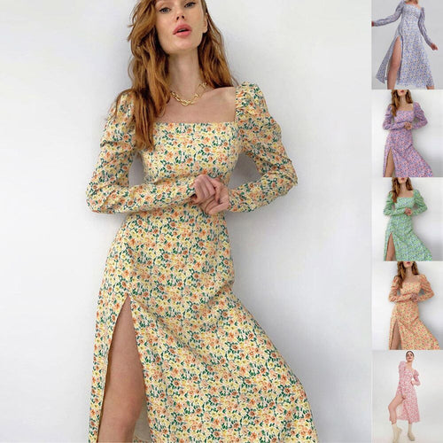 Maxi flower dress for women with asymmetrical slit and puff sleeves Amarae