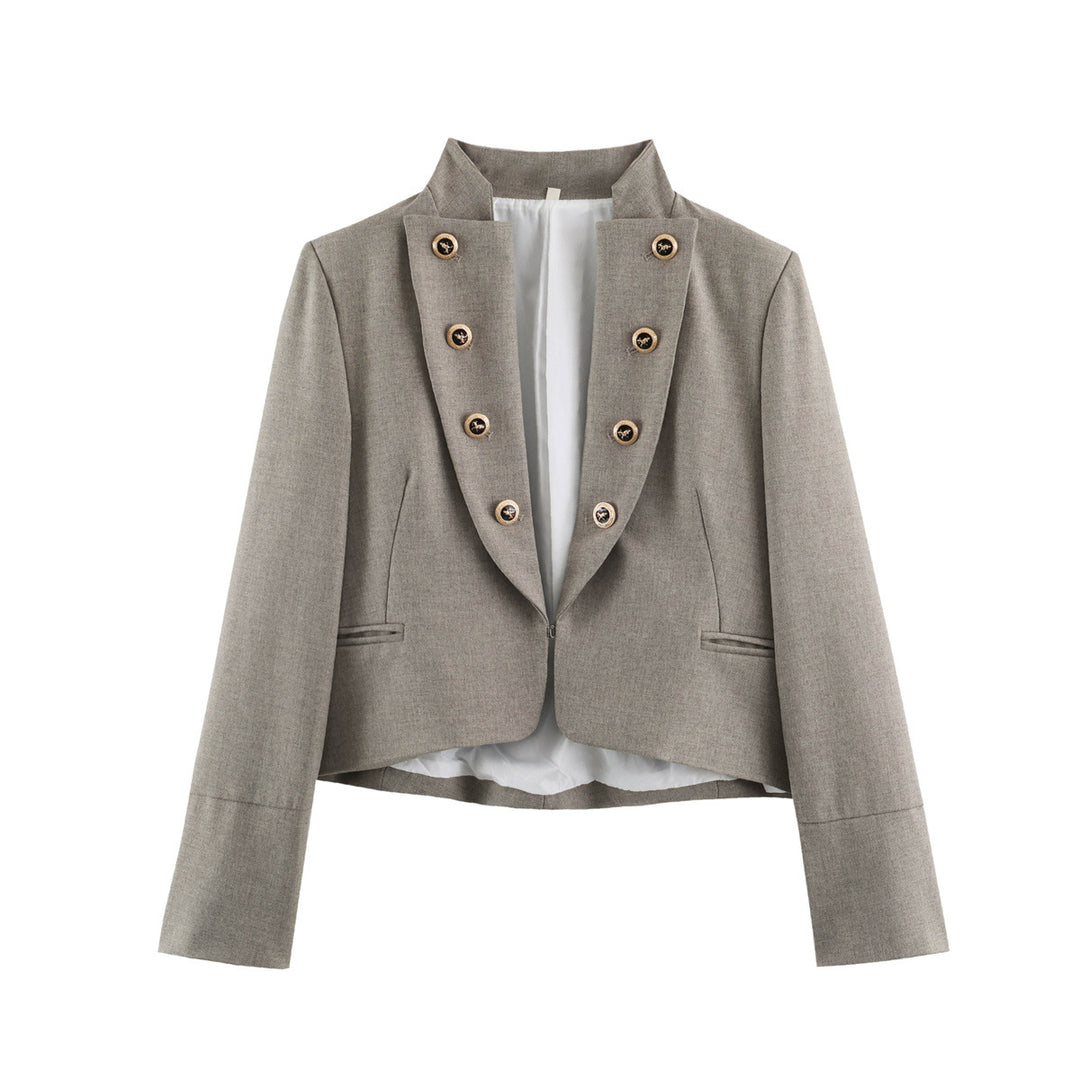 Women Cropped Military Blazer with Stand Collar, Double-Breasted Decorative Button Placket and Tailored Fit Amarae