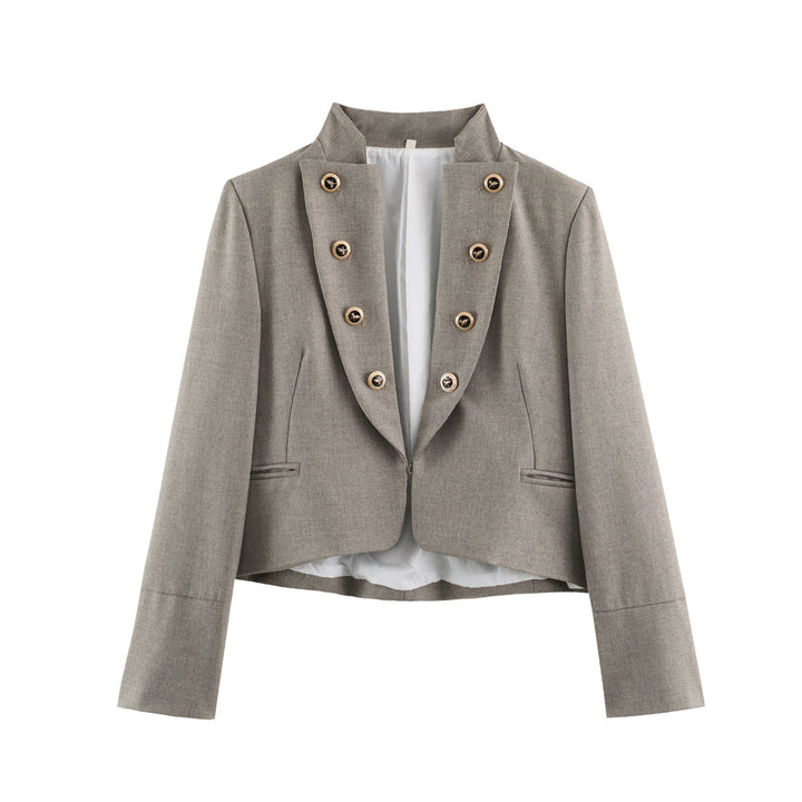Women Cropped Military Blazer with Stand Collar, Double-Breasted Decorative Button Placket and Tailored Fit Amarae