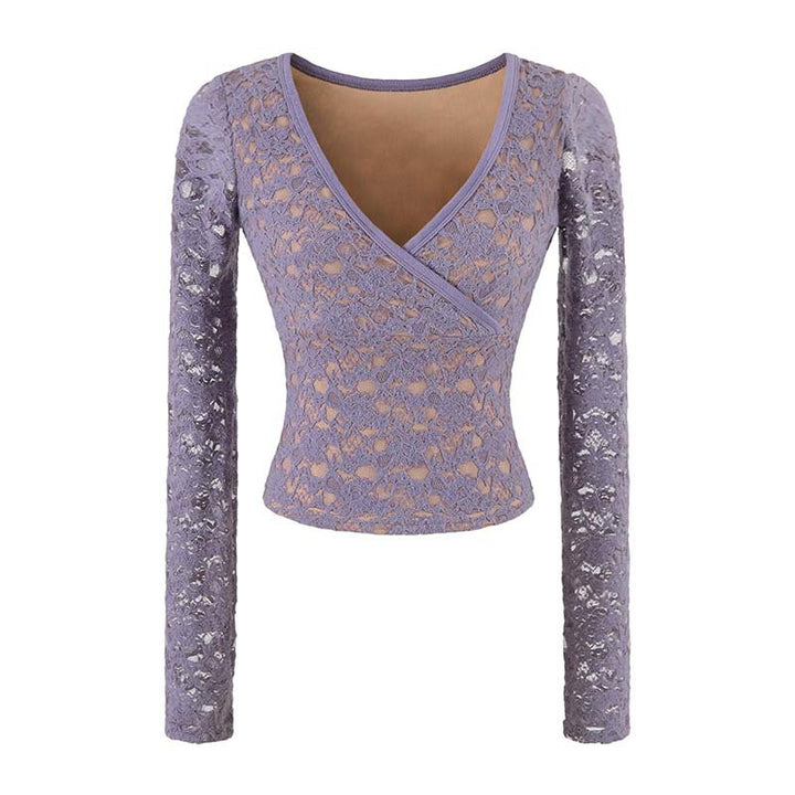 Women's Figure-hugging Lace Top with Wrap V-neck and Long Sleeves Amarae