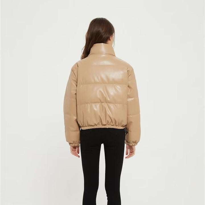 Quilted faux leather jacket for women with a high collar and elastic cuffs Lune London