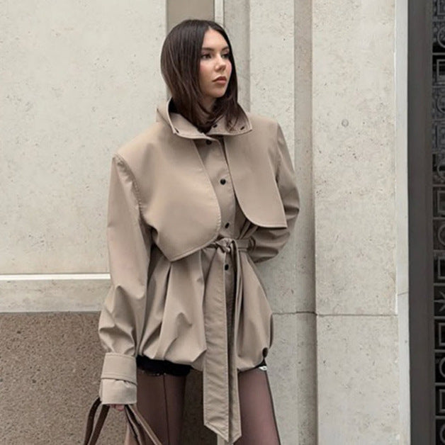 Women's Sculptural Boxy Blouson with High Stand-Up Collar and Gathered Volume Hem Amarae