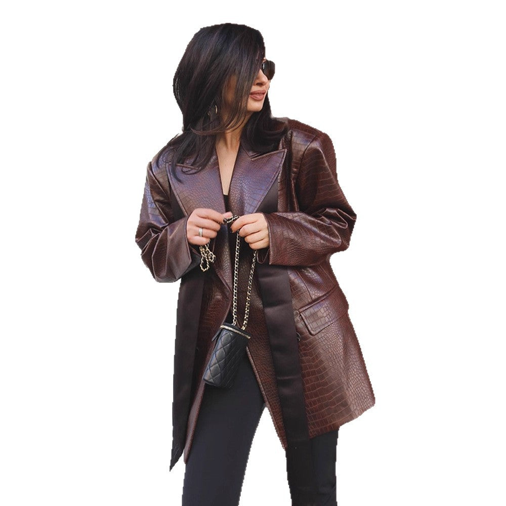 Ladies Oversized Blazer Coat in Crocodile Embossing with Shawl Collar and Tie Belt Amarae