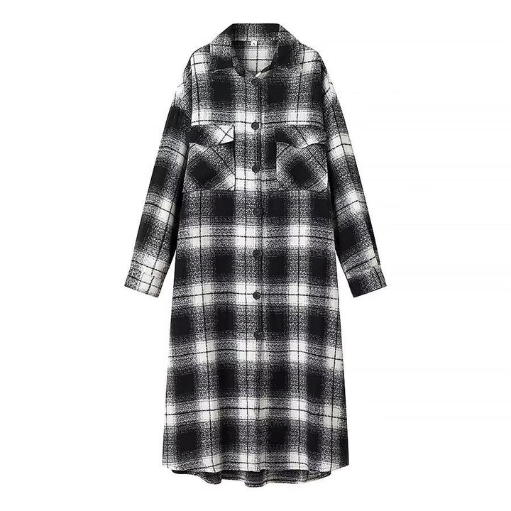 Women Checked Longline Shirt Coat made of Wool Blend with Oversized Silhouette and Flap Pockets Amarae