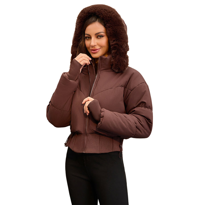 Short lined jacket for women with removable hood and warm faux fur collar Lune London