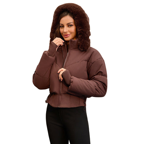Short lined jacket for women with removable hood and warm faux fur collar Amarae