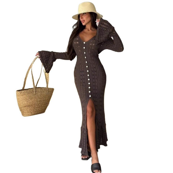 Women's figure-hugging knitted maxi dress with button placket, V-neck and trumpet sleeves Amarae