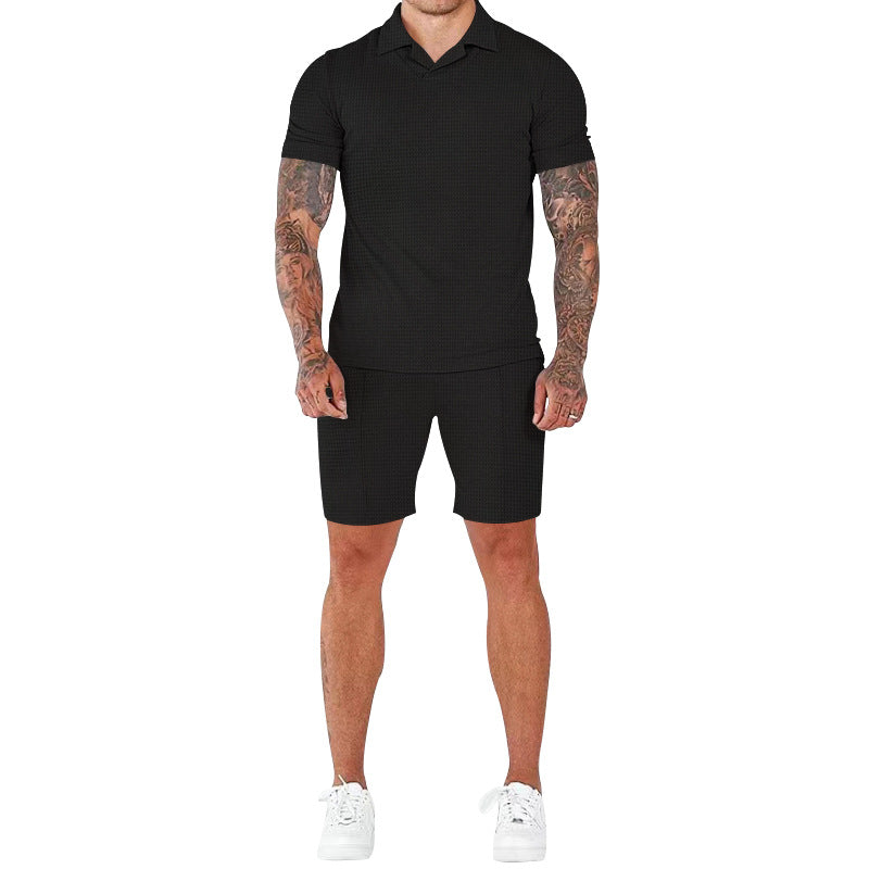Casual short-sleeve men’s set with textured design and modern mock collar Amarae