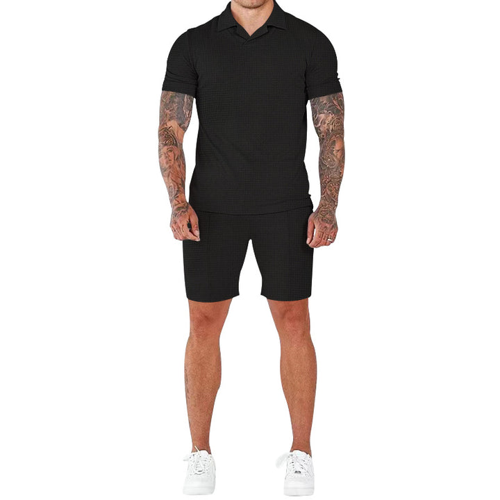 Casual short-sleeve men’s set with textured design and modern mock collar Amarae
