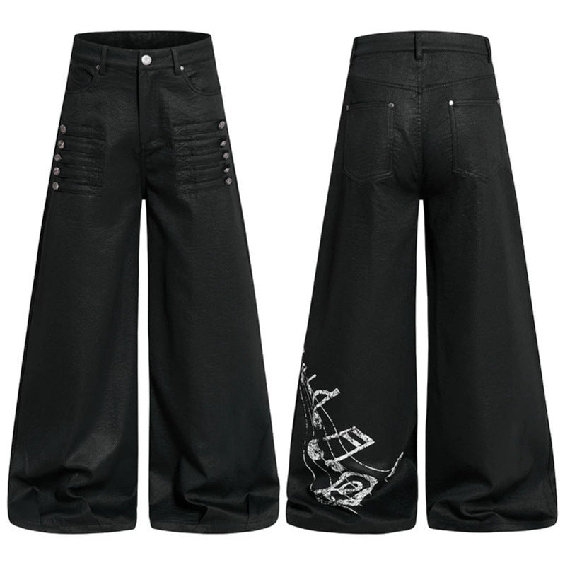 Women's wide high-cut palazzo pants with coated leather look, extra wide leg and statement print Amarae