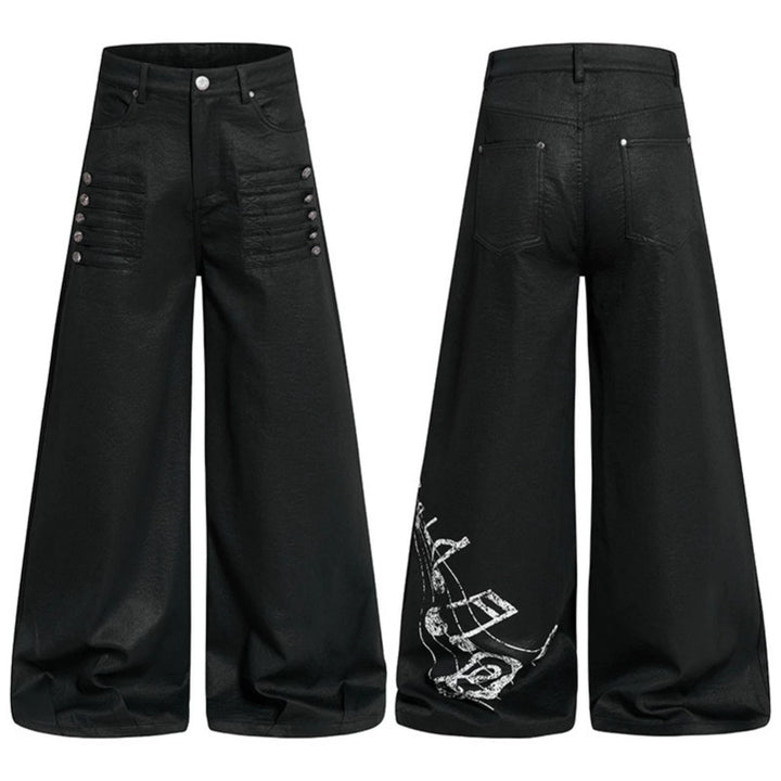 Women's wide high-cut palazzo pants with coated leather look, extra wide leg and statement print Amarae