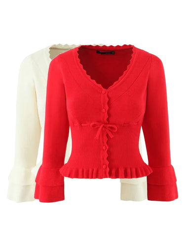 Short sleeve knitted jacket for women with ruffle details and button closure Amarae