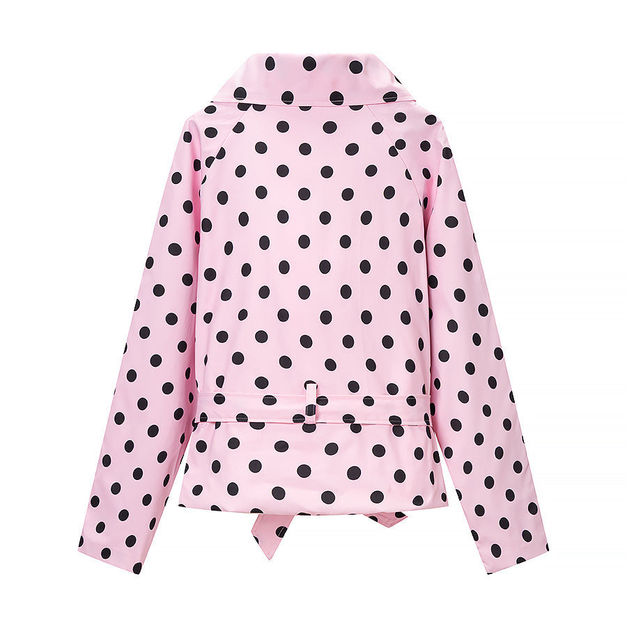 Women's short trench coat in polka dot pattern, double-breasted with belted waist Amarae