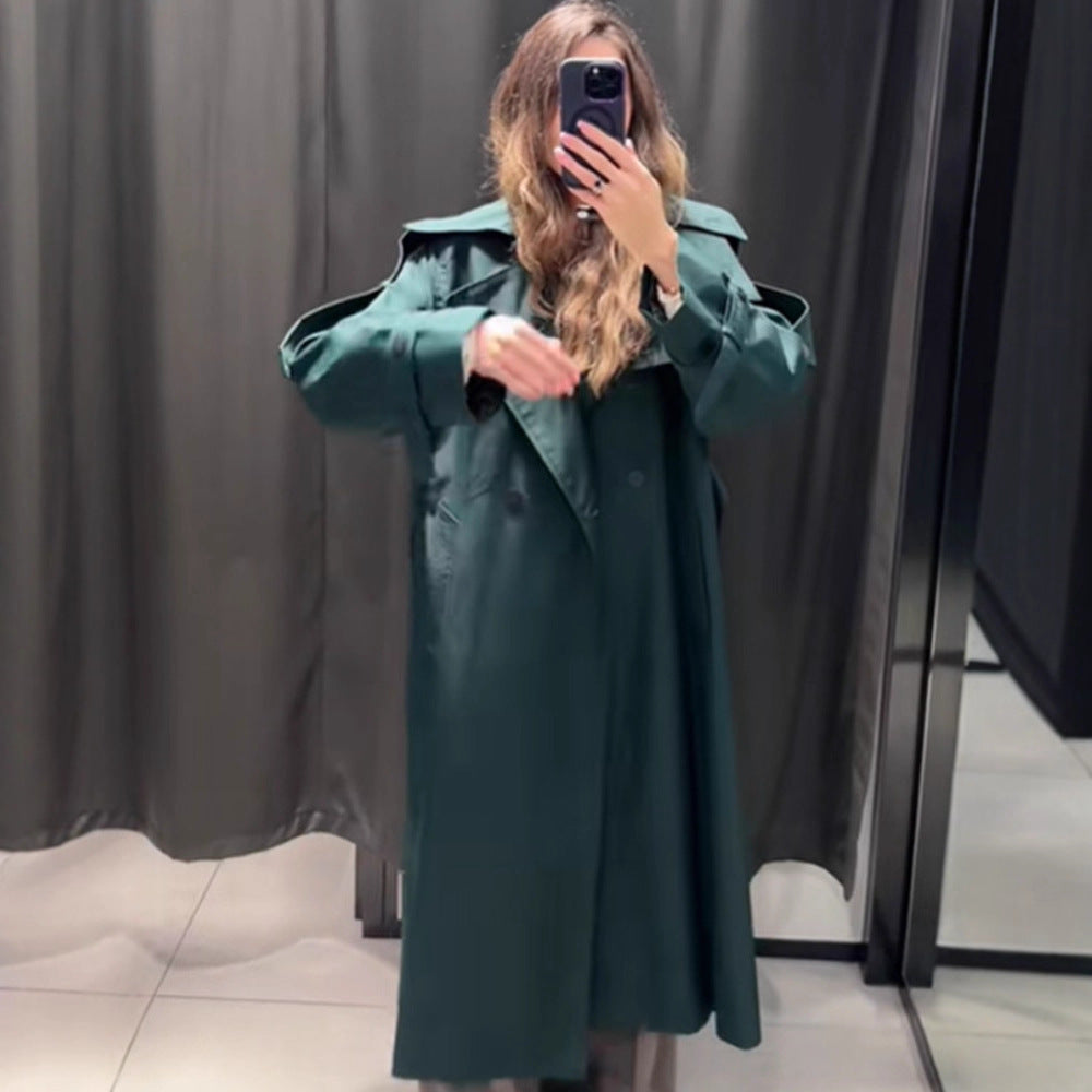 Women Long Water-Repellent Trench Coat with Waist Belt and High Stand Collar Amarae