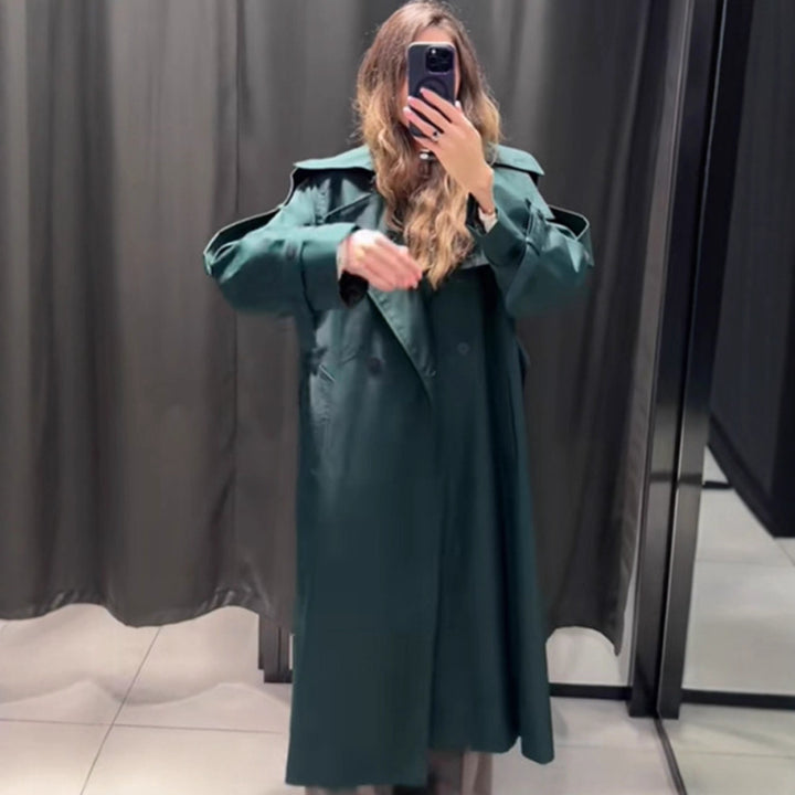 Women Long Water-Repellent Trench Coat with Waist Belt and High Stand Collar Amarae