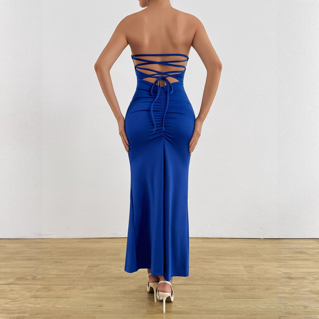Ladies Elegant Strapless Maxi Dress with Sophisticated Keyhole Neckline and Figure-Flattering Cut Lune London