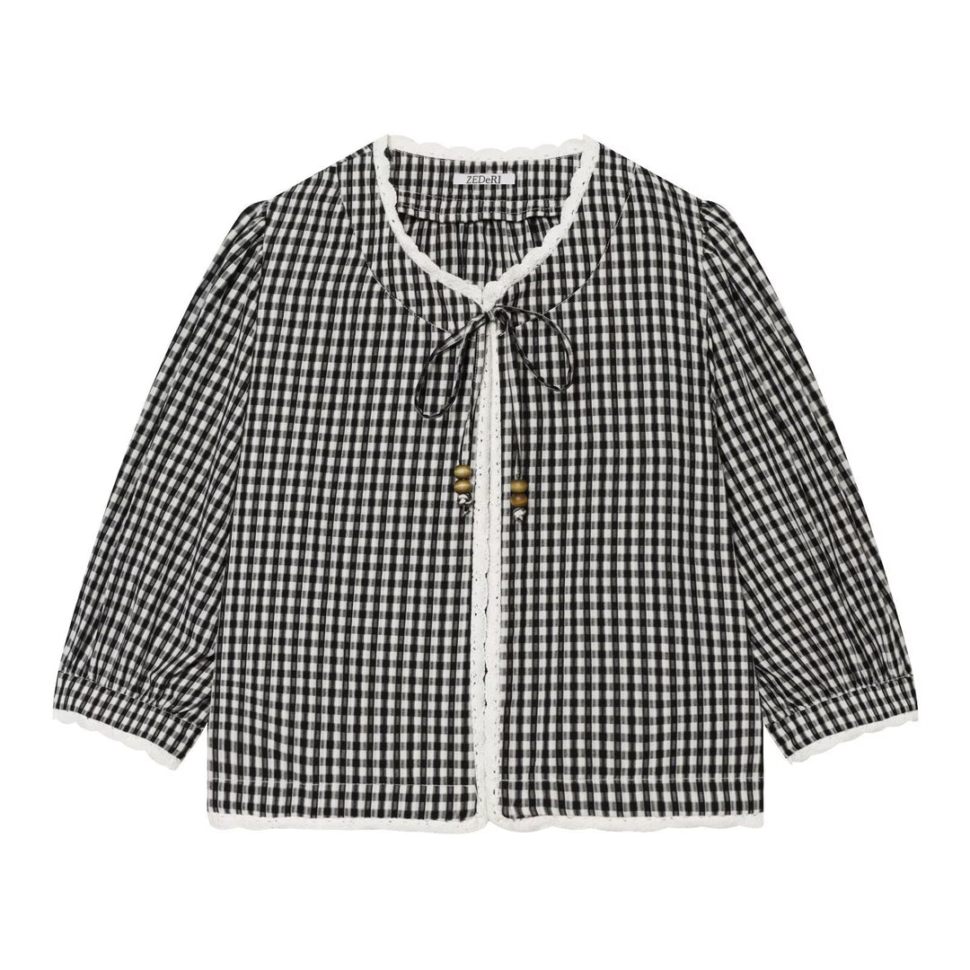 Women Checked Blouse Jacket with Crochet Edge, Tie Band and Three-Quarter Sleeves Amarae