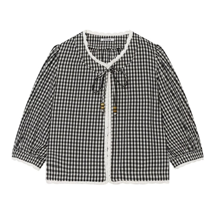 Women Checked Blouse Jacket with Crochet Edge, Tie Band and Three-Quarter Sleeves Amarae