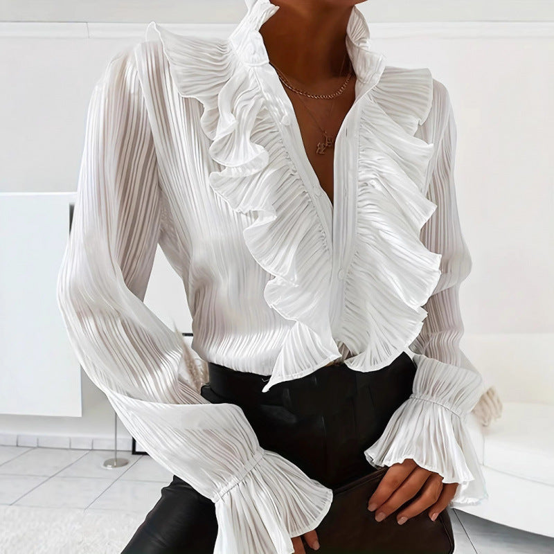 Women Pleated Blouse with Ruffle Details and Elegant Ruffles Lune London