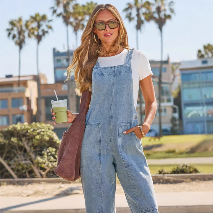 Women's Casual Denim Overalls with Wide Leg Cut and Practical Pockets Lune London