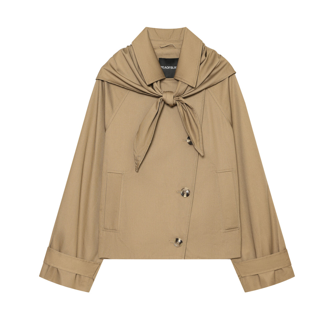 Women's Cropped Trench Cape Jacket with Bow Collar and Boxy Silhouette Amarae