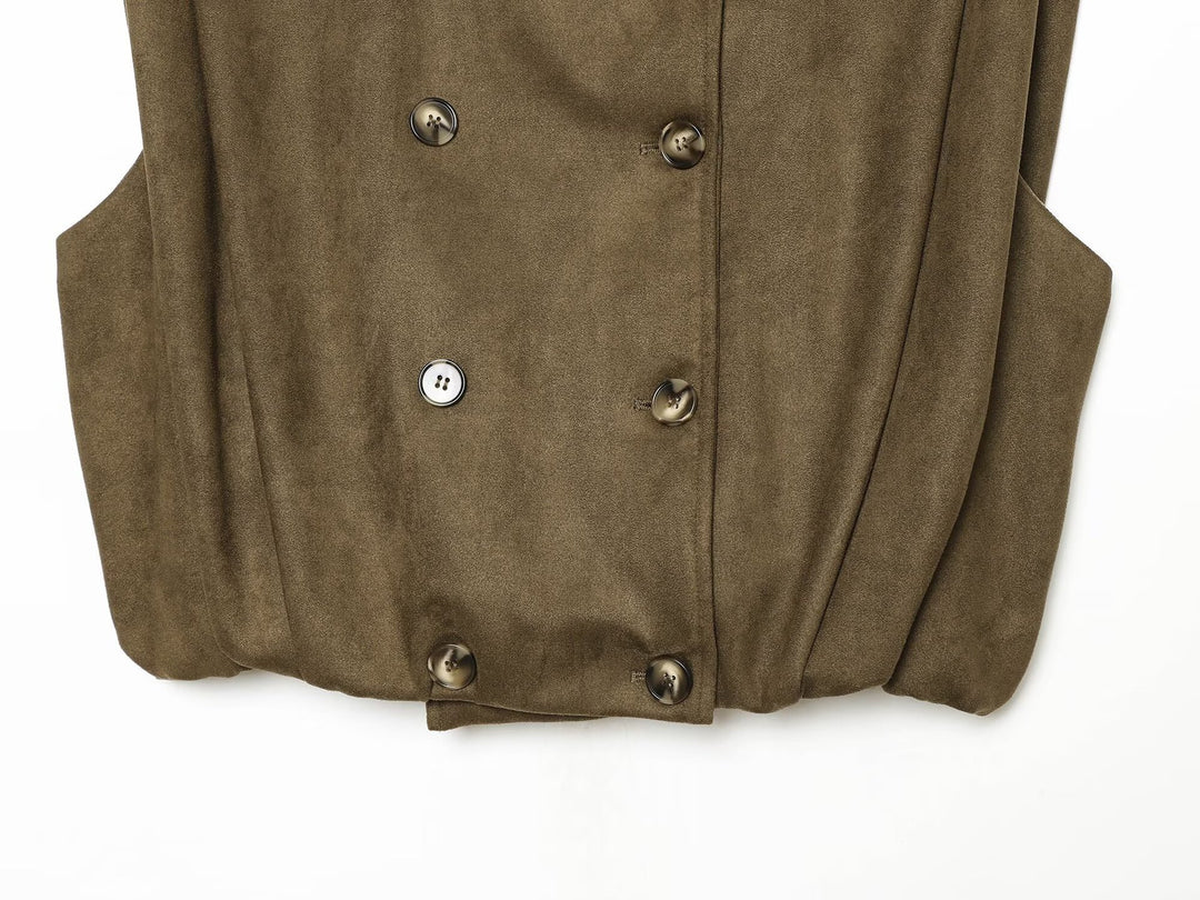 Women's Sleeveless Double-Breasted Trench Vest with High Stand Collar and Shoulder Tabs Amarae