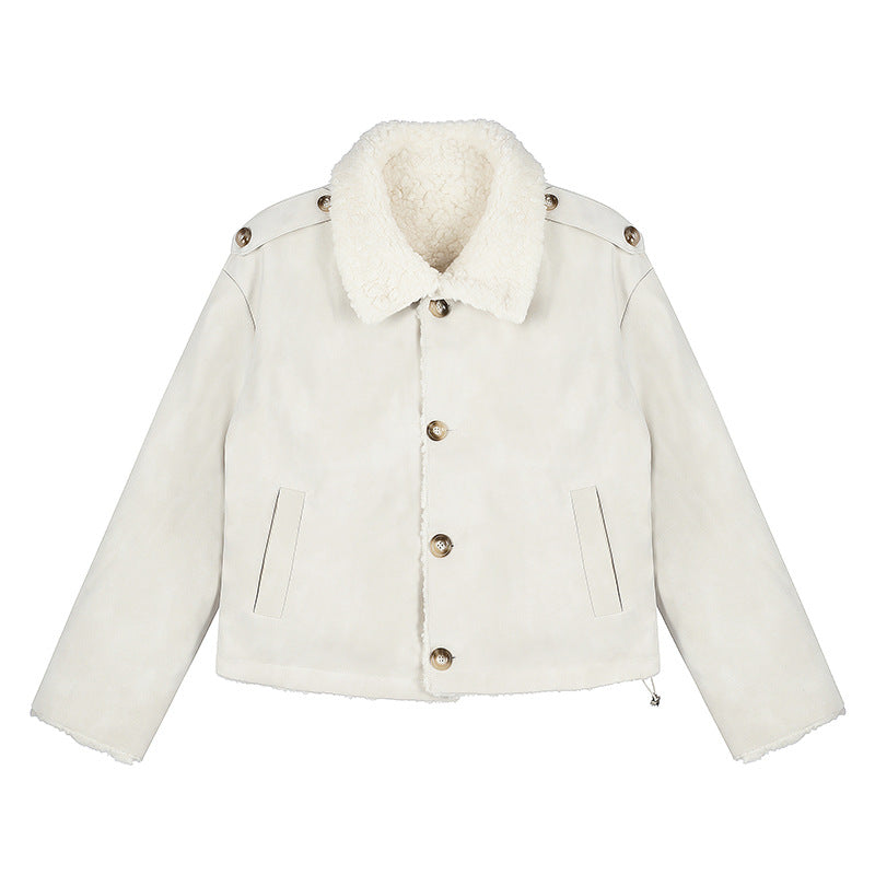 Women Short-Cut Lambskin-Look Bomber Jacket with Teddy Lining and Notched Collar Amarae
