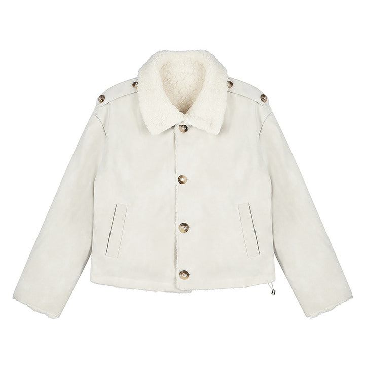 Women Short-Cut Lambskin-Look Bomber Jacket with Teddy Lining and Notched Collar Amarae